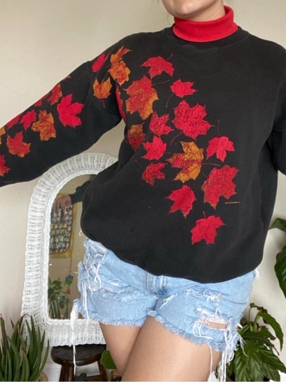 Black Sweatshirt with Red & Orange Leaf Print